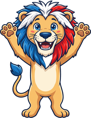 Leo the lion, the school's mascot, celebrating