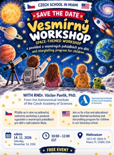 Space Workshop poster: four children on the Moon looking up at the planets through a telescope. Vesmírný workshop with RNDr. Václav Pavlík, Ph.D., of the Astronomical Institute of the Czech Academy of Sciences. Saturday, November 14, 2026, 10am to 12pm, at Mathnasium in Miami. Free event.